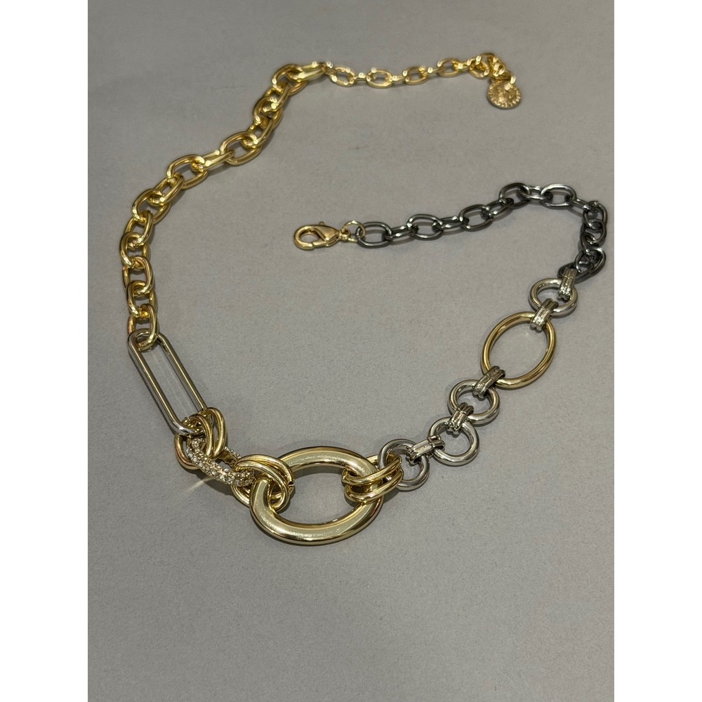 Graziano Mixed Metal Link Necklace Gold Tone Silver Tone Gunmetal Pave Accents - Picture 5 of 16